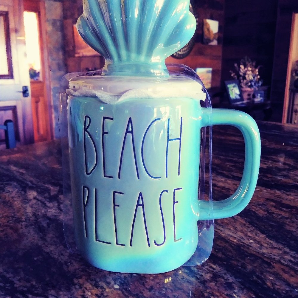 Rae Dunn Ceramic Beach Please Mug with Shell Shaped Lid, Iridescent Finish